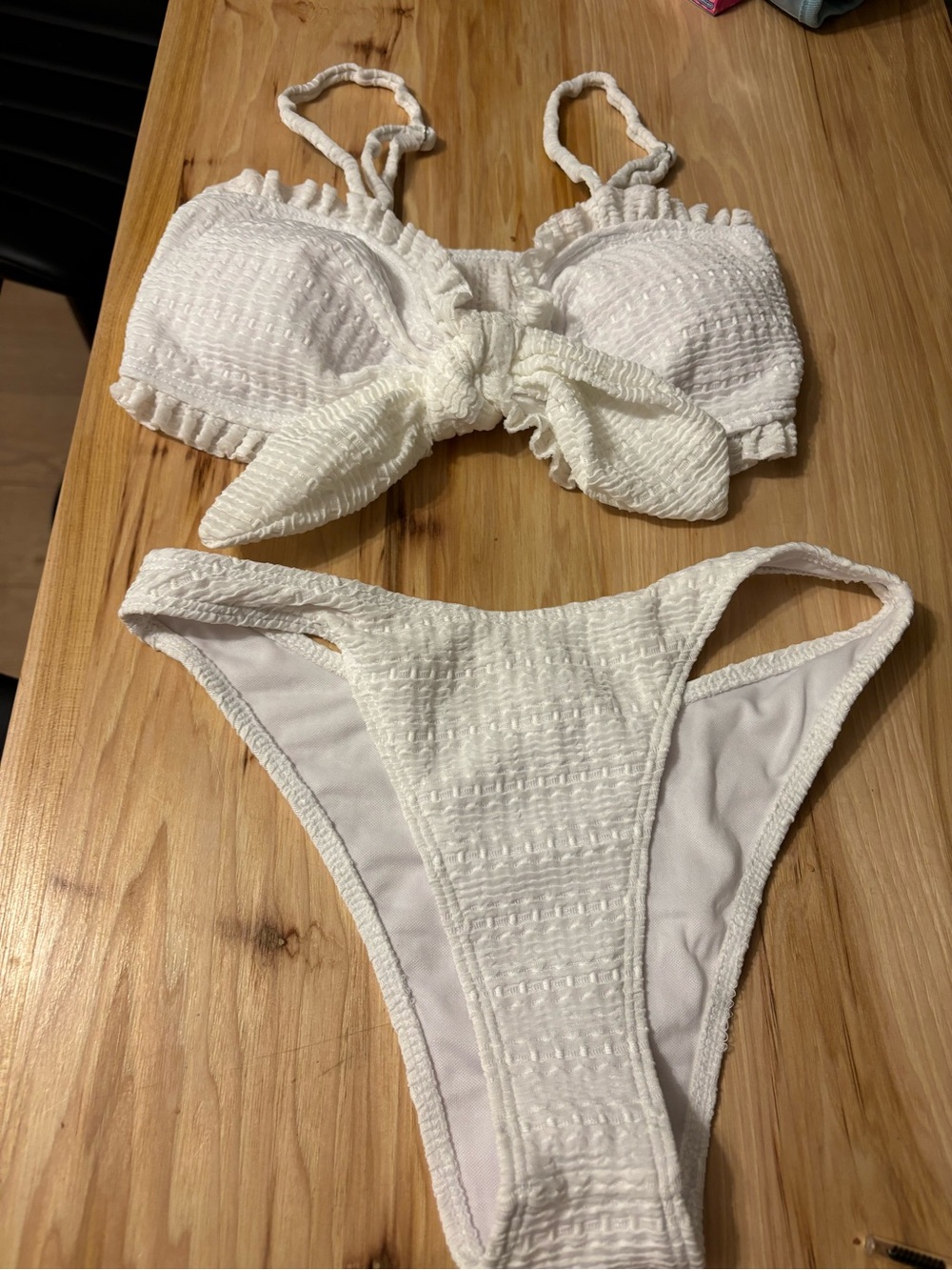 White Textured Bandeau Bikini Set with Tie Front size small